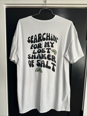 SHEIN White Short-Sleeve Graphic Tee with Black Text and Green Lime Accents